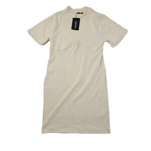 Pretty Little Thing Jersey Ribbed Bust Detail Bodycon Dress Size 16 Cream NWT